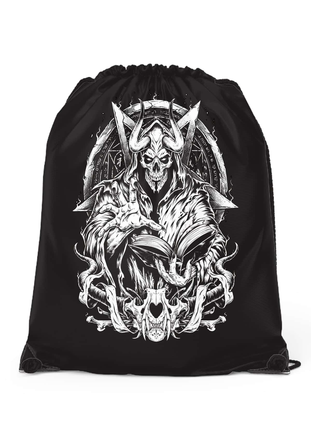 Schwarze Incanation Gym Bag mit weißem Dämonenmotiv und Hörnern